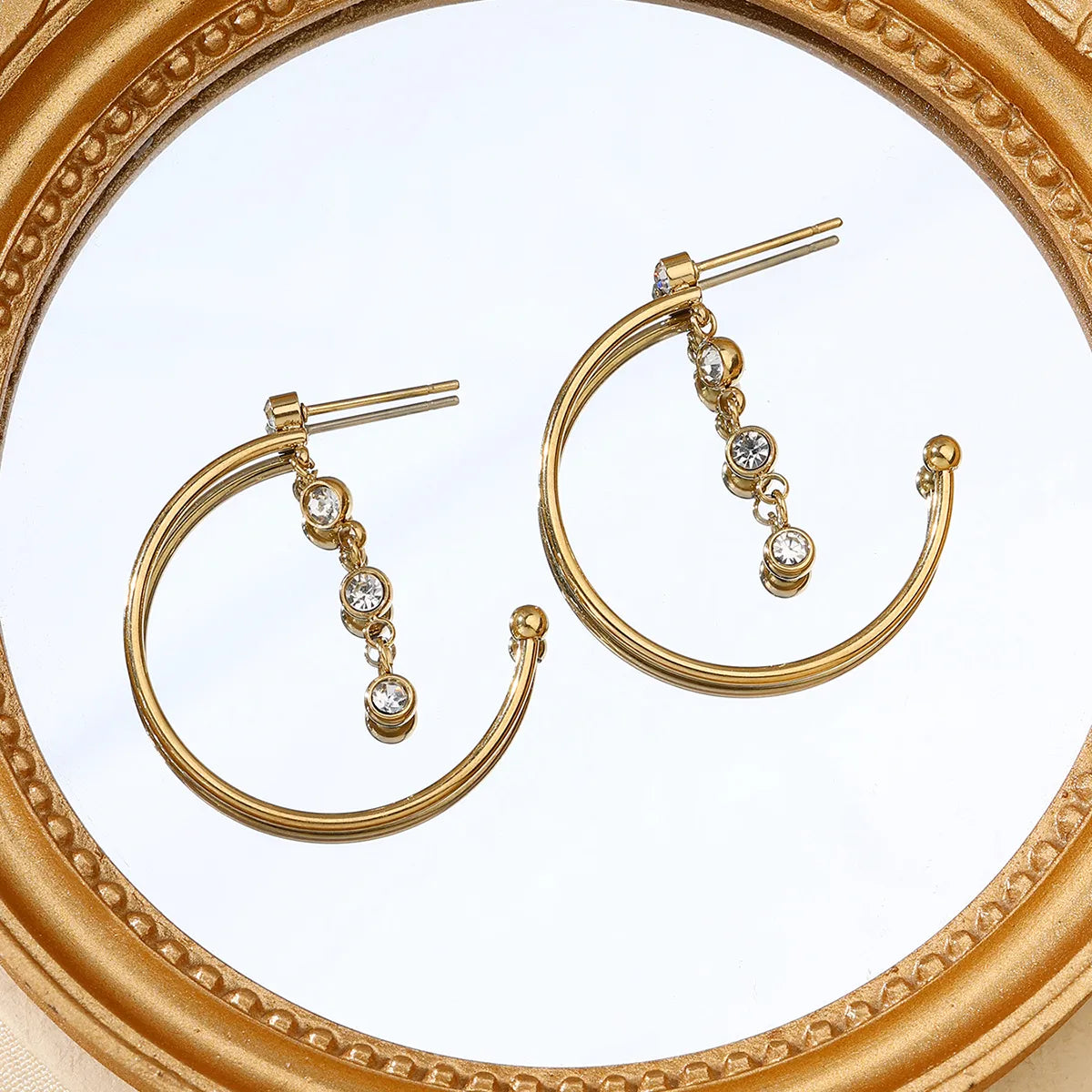 Triluna - 18K Gold-Plated Stainless Steel Zircon Semi Hoop Earrings