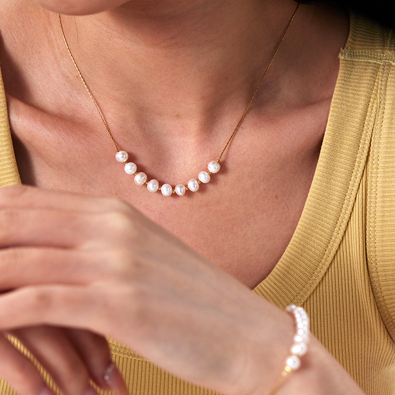 Women 18K Gold Plated Stainless Steel Freshwater Pearl Bracelet & Necklace Set