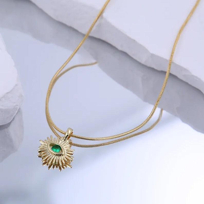 Women Green Evil Eye Necklace 18K Gold Plated Copper