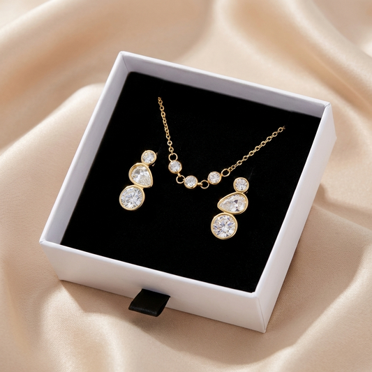 Zircon  Balance Necklace & Stud Earrings Set – 18K Gold-Plated Stainless Steel