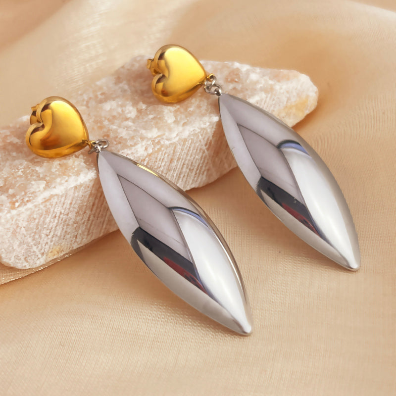 gold and silver drop Heart Leaf Earrings