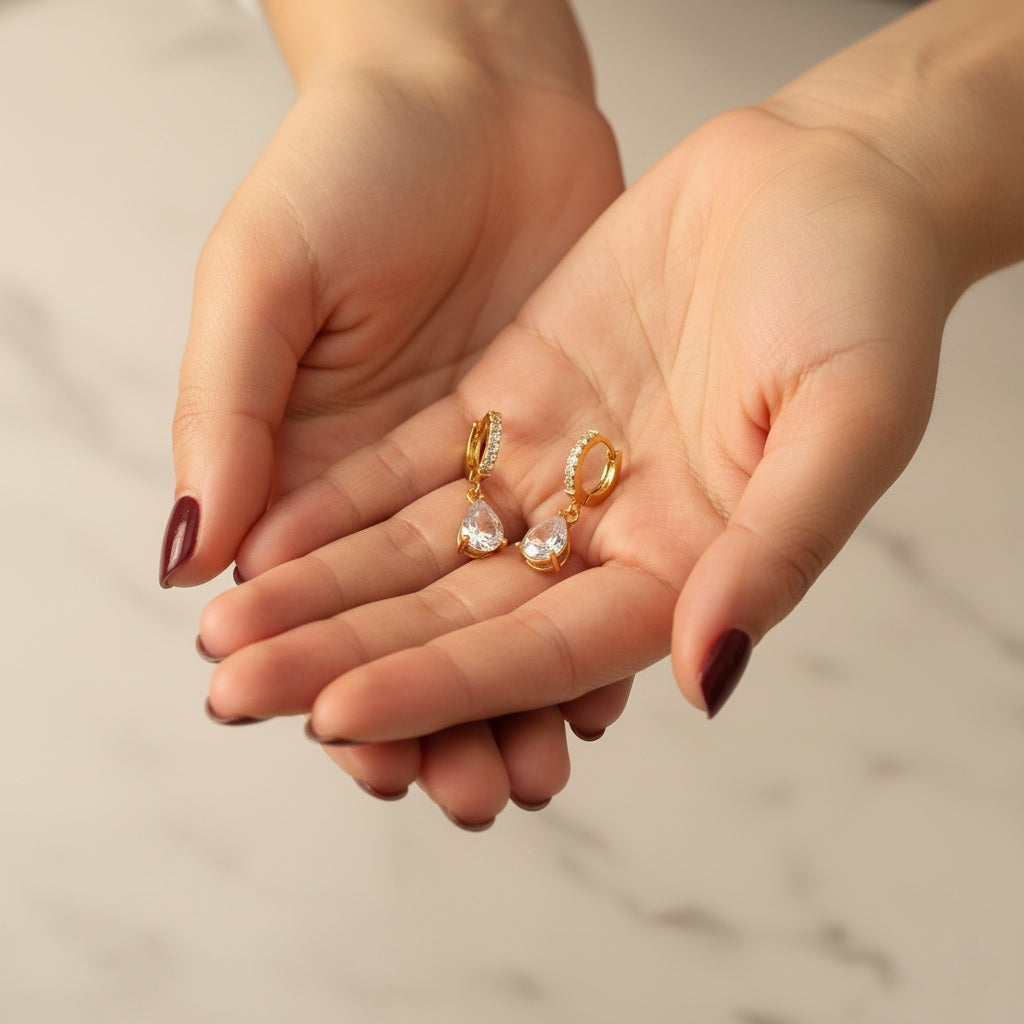 Eros Teardrop Huggie Earrings - 18K Gold-Plated Stainless Steel with Rhinestones & Zircon