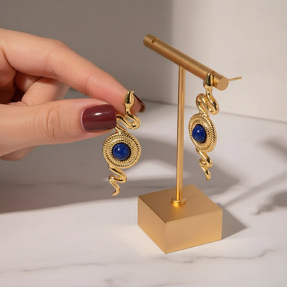 Serpentina - 18K Gold-Plated Snake Earrings with Blue Stone