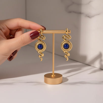 Serpentina - 18K Gold-Plated Snake Earrings with Blue Stone