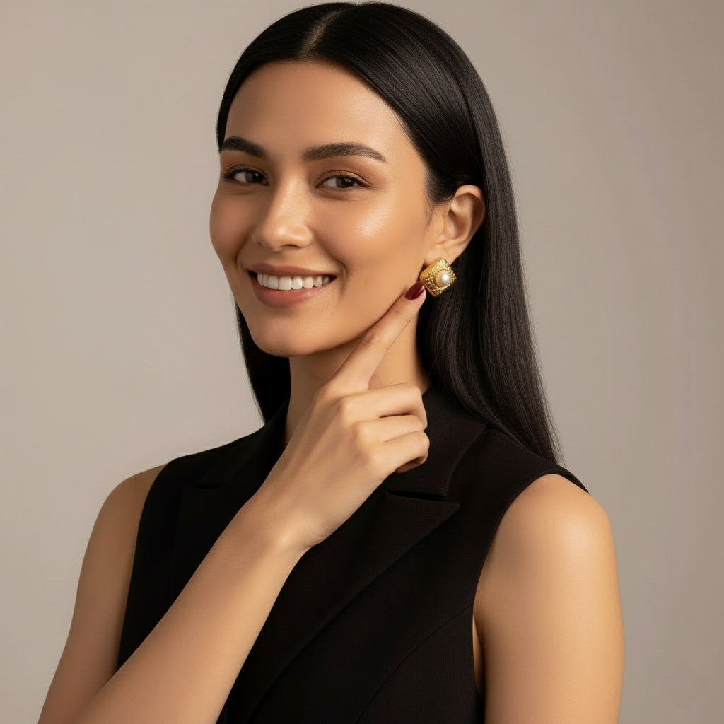 Sabina - Square Stainless Steel 18K Gold-Plated Mabe Pearl Ear Studs