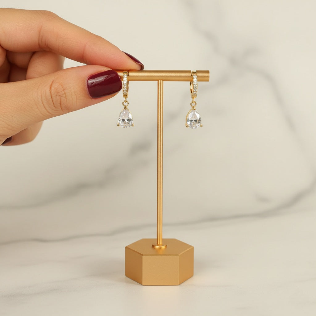 Eros Teardrop Huggie Earrings - 18K Gold-Plated Stainless Steel with Rhinestones & Zircon