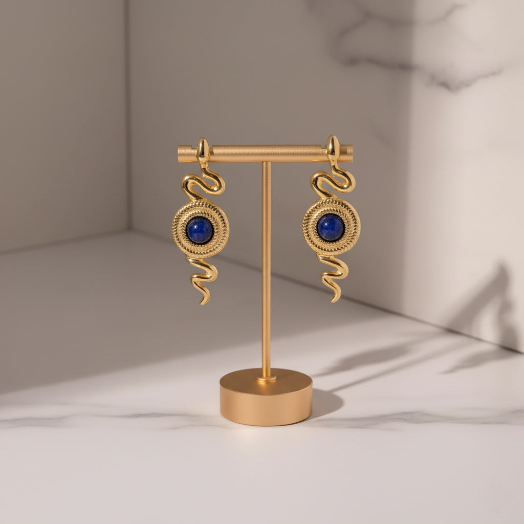 Serpentina - 18K Gold-Plated Snake Earrings with Blue Stone