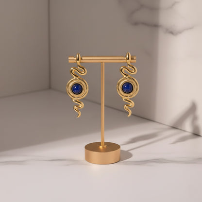 Serpentina - 18K Gold-Plated Snake Earrings with Blue Stone