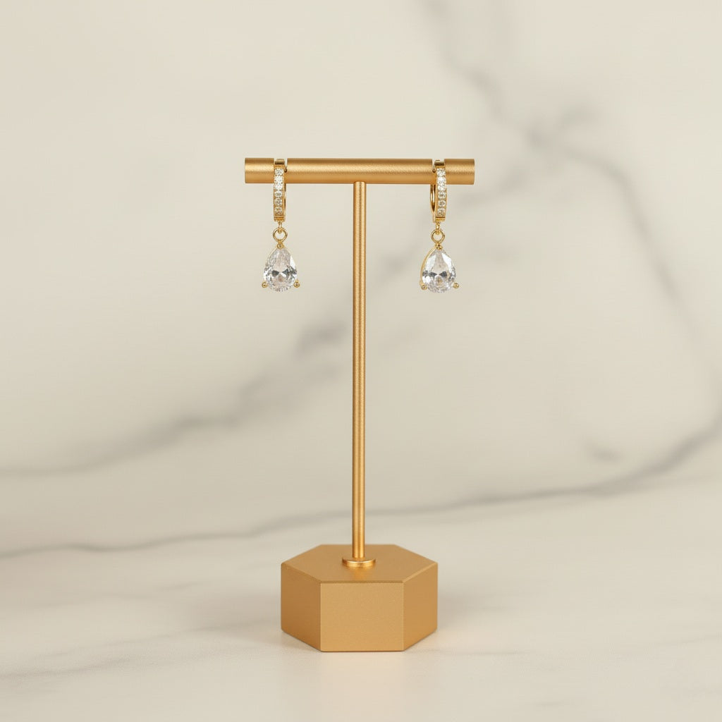 Eros Teardrop Huggie Earrings - 18K Gold-Plated Stainless Steel with Rhinestones & Zircon