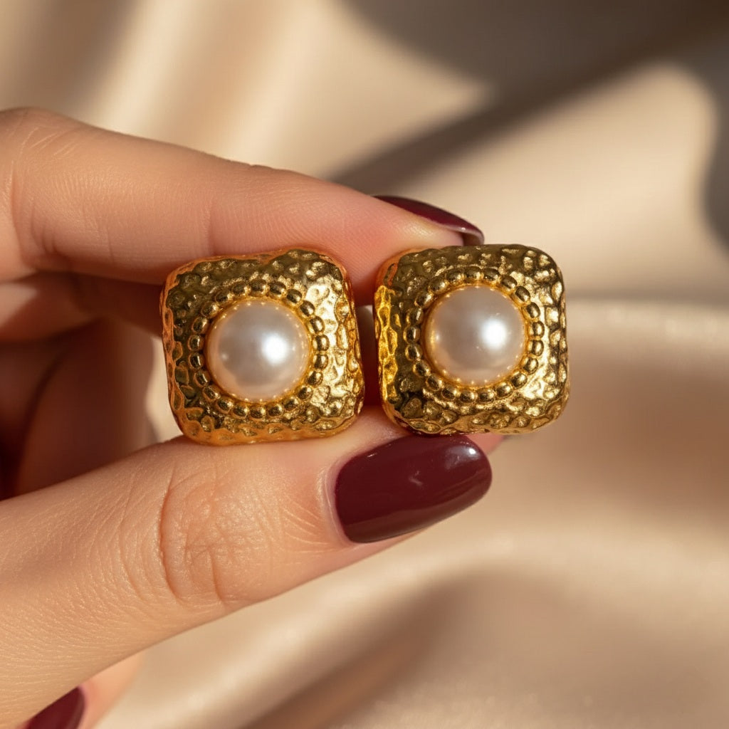 Sabina - Square Stainless Steel 18K Gold-Plated Mabe Pearl Ear Studs