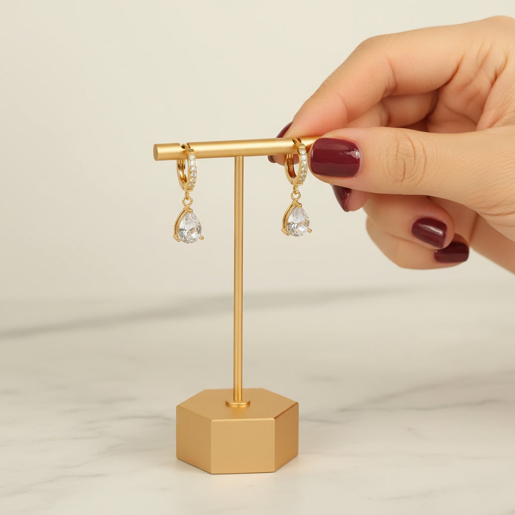 Eros Teardrop Huggie Earrings - 18K Gold-Plated Stainless Steel with Rhinestones & Zircon