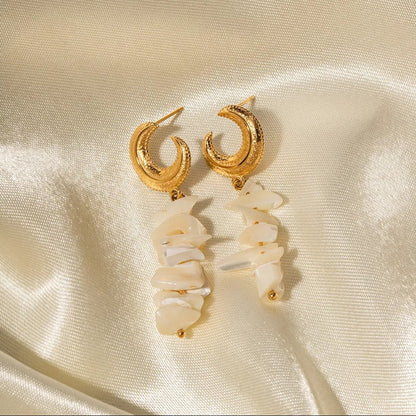 stainless steel moon with white shell stone earrings